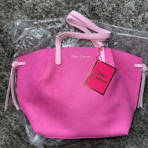 NWT Hot Pink Faux Suede Juicy Couture tote bag with pale pink trim and tassels.